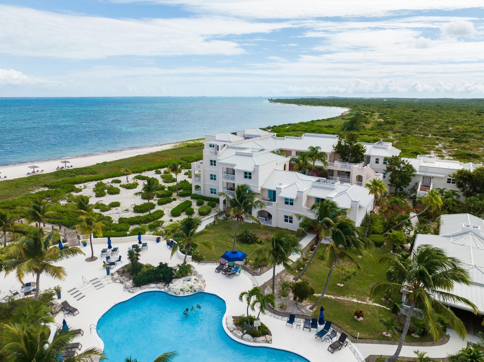 Northwest Point Resort from the air, with the pool and the beachfront